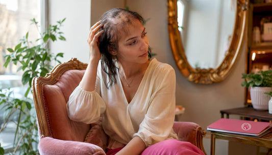 Woman examining patchy hair thinning