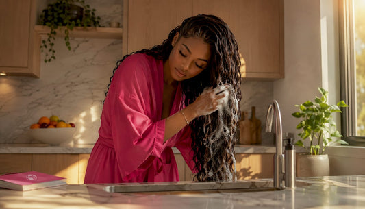 Woman shampooing hair extensions in bathroom