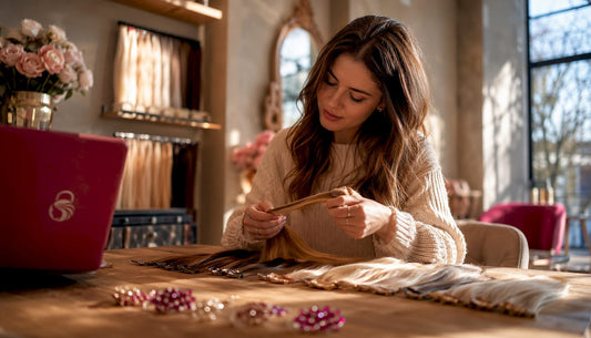 Woman examining hair extension samples in salon