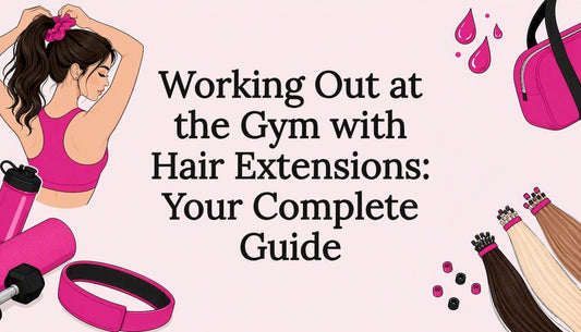 Decorative title card illustration for hair extensions and gym workout