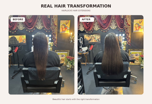 HairLocks before and after hair extension transformation, showing fuller, more even hair after styling