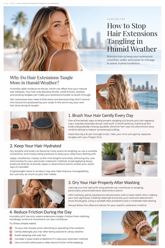 Woman with long blonde hair by the coast for HairLocks article about preventing hair extension tangles in humid weather